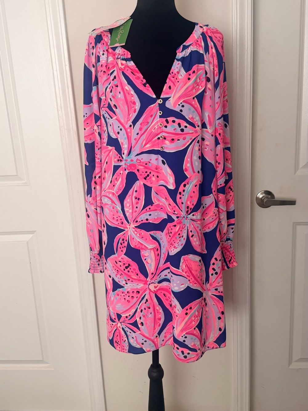 Lilly Pulitzer Brynle Navy and Hot Pink Long-Sleeve Floral Dress